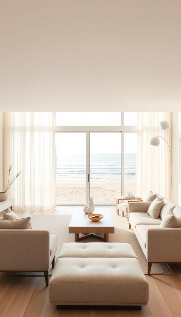 A serene coastal living room with modern, minimalist furniture. In the foreground, a sleek, low-profile sectional sofa with clean lines and neutral upholstery. Accent chairs with straight-edged arms and tapered legs flank a simple, geometric coffee table. In the middle ground, a large window frames a panoramic view of a tranquil beach and the gently lapping waves of the ocean. Warm, diffused natural light filters through sheer curtains, creating a calming atmosphere. The background features a neutral color palette with white walls and light wood flooring, allowing the focus to remain on the contemporary coastal furniture. Overall, a harmonious, sophisticated space that embodies the essence of modern nautical style. A serene coastal living room with modern, minimalist furniture. In the foreground, a sleek, low-profile sectional sofa with clean lines and neutral upholstery. Accent chairs with straight-edged arms and tapered legs flank a simple, geometric coffee table. In the middle ground, a large window frames a panoramic view of a tranquil beach and the gently lapping waves of the ocean. Warm, diffused natural light filters through sheer curtains, creating a calming atmosphere. The background features a neutral color palette with white walls and light wood flooring, allowing the focus to remain on the contemporary coastal furniture. Overall, a harmonious, sophisticated space that embodies the essence of modern nautical style.