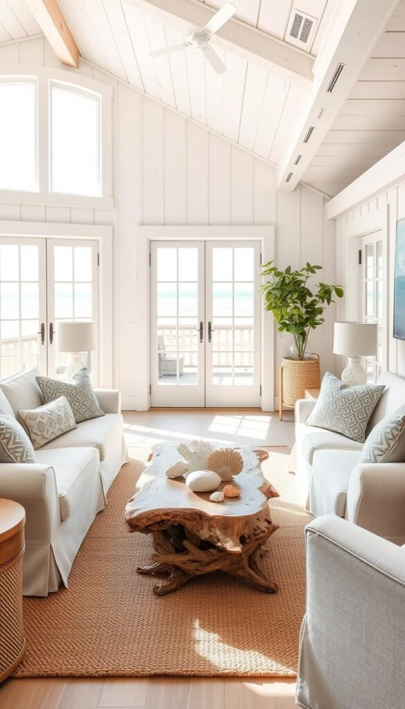 A serene coastal living room with natural light streaming through large windows, overlooking a tranquil beach scene. The room features a comfortable sofa and armchair upholstered in soft, neutral tones, complemented by driftwood accents and a woven area rug. Whitewashed wood paneling and exposed beams create a rustic, yet refined ambiance. Decorative elements include seashells, coral, and a driftwood coffee table, evoking the essence of a relaxing, beachy atmosphere. The overall mood is one of tranquility and laid-back sophistication, perfectly capturing the essence of coastal style guidelines. A serene coastal living room with natural light streaming through large windows, overlooking a tranquil beach scene. The room features a comfortable sofa and armchair upholstered in soft, neutral tones, complemented by driftwood accents and a woven area rug. Whitewashed wood paneling and exposed beams create a rustic, yet refined ambiance. Decorative elements include seashells, coral, and a driftwood coffee table, evoking the essence of a relaxing, beachy atmosphere. The overall mood is one of tranquility and laid-back sophistication, perfectly capturing the essence of coastal style guidelines.