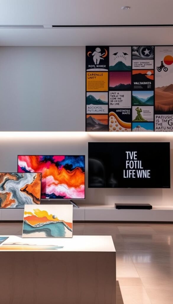 A serene digital art gallery showcasing a variety of stunning sources for TV display. In the foreground, a clean, minimalist shelf displays a collection of abstract digital paintings in vibrant colors, textures, and geometric patterns. The middle ground features a large, high-definition TV screen, its display illuminating the space with a soft, warm glow. In the background, a sleek, modern wall is adorned with a collage of digital illustrations, nature-inspired landscapes, and stylized typography, creating a visually captivating and inspirational atmosphere. The lighting is soft and diffused, highlighting the digital art's depth and vibrancy. The overall composition conveys a sense of elegance, creativity, and the versatility of digital art for enhancing home entertainment spaces.
