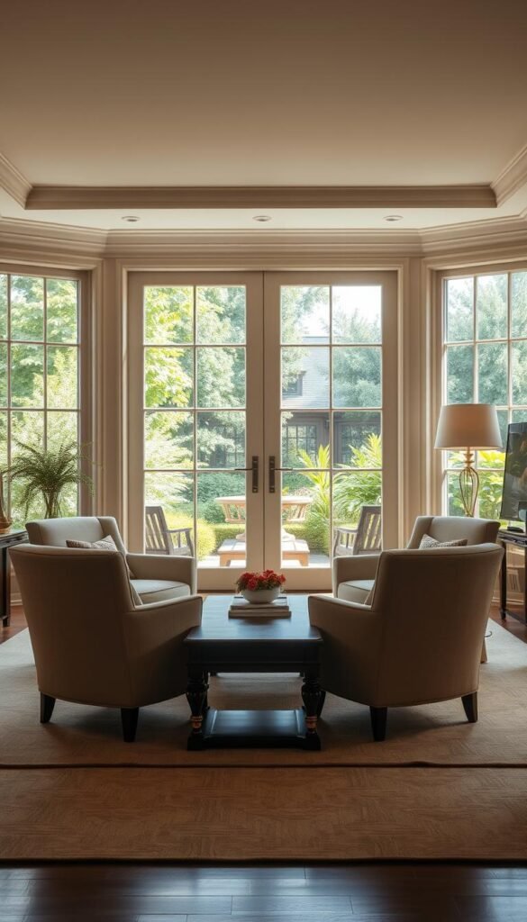 A serene, elegant living room bathed in warm, soft lighting. In the foreground, a pair of plush, timeless armchairs in a neutral palette sit facing each other, inviting relaxation. The middle ground features a well-crafted, classic coffee table with subtle wood graining, complemented by a sumptuous, neutral-toned area rug. In the background, floor-to-ceiling windows offer a glimpse of a lush, verdant garden, blending the interior and exterior harmoniously. Subtle, refined details such as gilded accents and carefully curated artwork create an atmosphere of refined sophistication and enduring style.