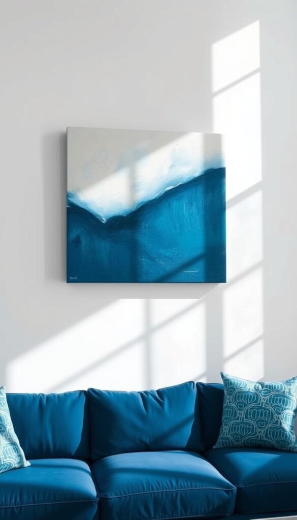 A serene, harmonious blue and white color palette fills the frame, creating a soothing, sophisticated atmosphere. In the foreground, a modern abstract painting in shades of azure and ivory hangs on a crisp white wall, casting soft shadows across the sleek, minimalist furniture below. The middle ground features a cozy, plush sofa in a deep indigo hue, complemented by patterned throw pillows in complementary tones. In the background, tall, airy windows allow natural light to flood the space, illuminating the room's elegant simplicity. The overall scene captures the timeless elegance of a Greek-inspired living room, where the blue and white palette evokes a sense of tranquility and refined sophistication. A serene, harmonious blue and white color palette fills the frame, creating a soothing, sophisticated atmosphere. In the foreground, a modern abstract painting in shades of azure and ivory hangs on a crisp white wall, casting soft shadows across the sleek, minimalist furniture below. The middle ground features a cozy, plush sofa in a deep indigo hue, complemented by patterned throw pillows in complementary tones. In the background, tall, airy windows allow natural light to flood the space, illuminating the room's elegant simplicity. The overall scene captures the timeless elegance of a Greek-inspired living room, where the blue and white palette evokes a sense of tranquility and refined sophistication.