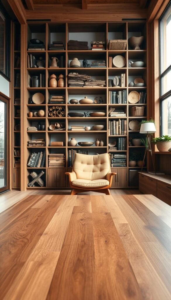A serene, intimate interior with a harmonious blend of natural wood tones. In the foreground, a richly grained oak table surfaces, its hues ranging from golden honey to deep auburn. Behind it, a mid-century inspired armchair in a warm, muted walnut finish complements the table's tones. In the background, a towering, built-in shelving unit showcases an array of wooden objects and textures, from light maple to dark, knotted beams, creating a layered, visually engaging backdrop. Soft, diffused natural light filters through large windows, casting a gentle glow and accentuating the depth and warmth of the wood elements. The overall atmosphere is one of subtle sophistication and organic comfort.