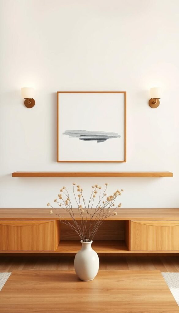 A serene minimalist art display in a natural wood living room. A single framed canvas painting hangs centered on a clean white wall, its abstract brushstrokes conveying a sense of tranquility. Warm, diffused lighting from mid-century modern sconces casts a gentle glow, accentuating the wood tones of the floating shelves and coffee table below. Dried floral stems in a ceramic vase add a touch of organic elegance to the minimalist tableau. The overall composition exudes a calming, harmonious atmosphere befitting a warm, inviting minimalist living space.