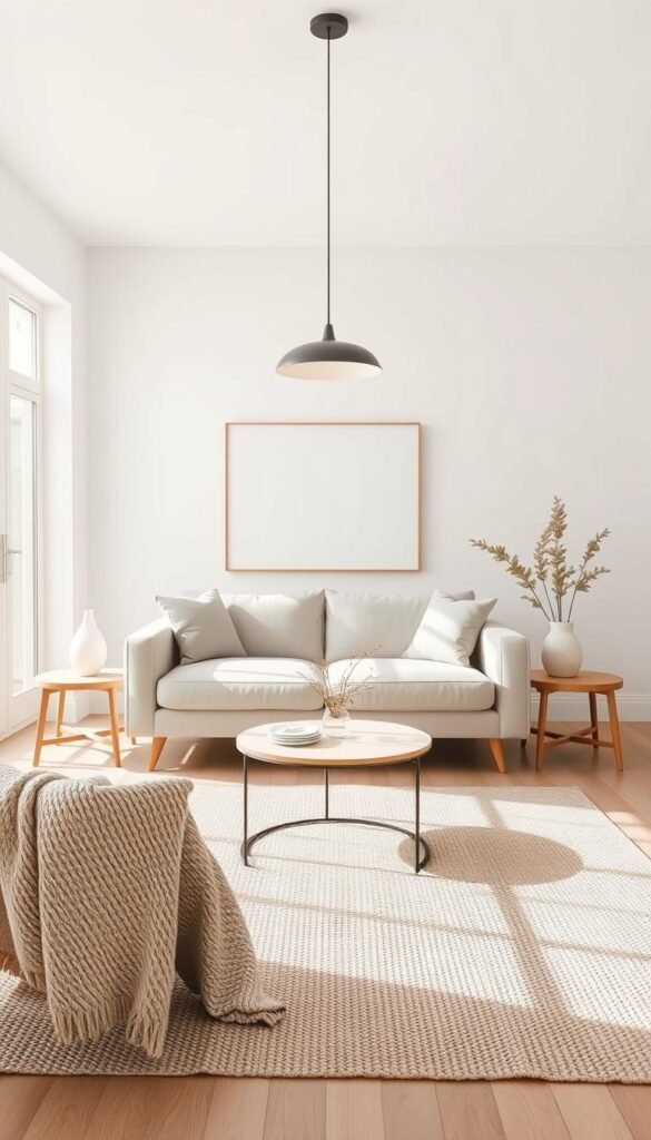 A serene, minimalist living room with a refined palette of neutral tones. The scene features a spacious, well-lit interior with clean lines and a harmonious balance of soft whites, warm grays, and natural wood accents. The focal point is a cozy, low-profile sofa with plush cushions, framed by a pair of mid-century modern side tables and a minimalist coffee table. Subtle textures, such as a woven area rug and a textured throw blanket, add depth and visual interest. The room is illuminated by a combination of natural light filtering through large windows and a sleek, pendant light fixture, casting a warm, diffused glow. The overall atmosphere conveys a sense of tranquility and timeless sophistication, perfect for establishing a neutral color foundation in a minimalist home decor.