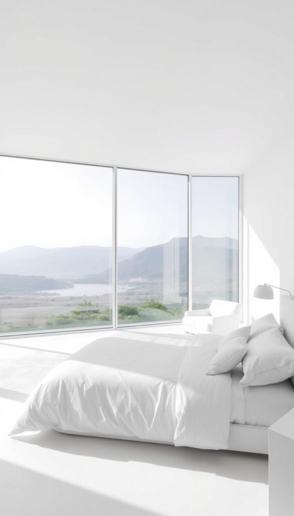 A serene, minimalist white bedroom with an expansive floor-to-ceiling window framing a picturesque outdoor vista. The room is bathed in soft, natural light, creating a tranquil and airy ambiance. A plush white bed with crisp linens sits against the backdrop, complemented by understated modern furnishings. The window offers a seamless connection to the external environment, allowing the outdoor scenery to become the primary focus, elevated by the clean, unobtrusive interior design. A sense of harmony and clarity pervades the space, encouraging a restful and rejuvenating experience.