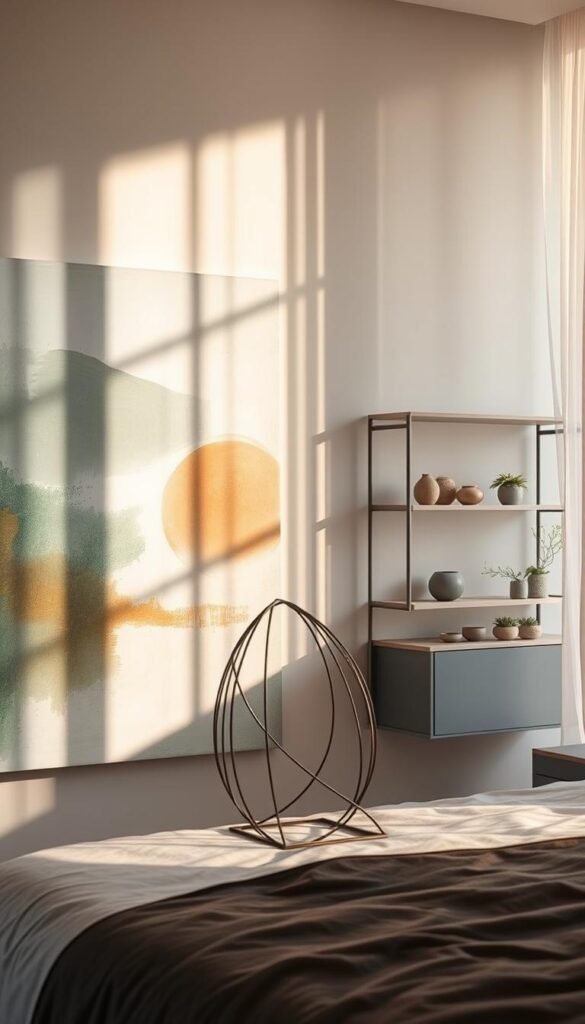 A serene modern bedroom wall, bathed in warm, natural light filtering through sheer curtains. In the foreground, a large abstract canvas in muted tones of blue, green, and ochre, its brushstrokes evoking a sense of tranquility. On the middle ground, a minimalist metal sculpture casts dynamic shadows, creating an interplay of light and form. The background features a sleek, monochromatic shelving unit displaying a curated collection of artful ceramic pieces and small potted plants, adding depth and visual interest to the space. The overall atmosphere is one of understated elegance and refined artistic sensibility, perfectly complementing the modern bedroom design.