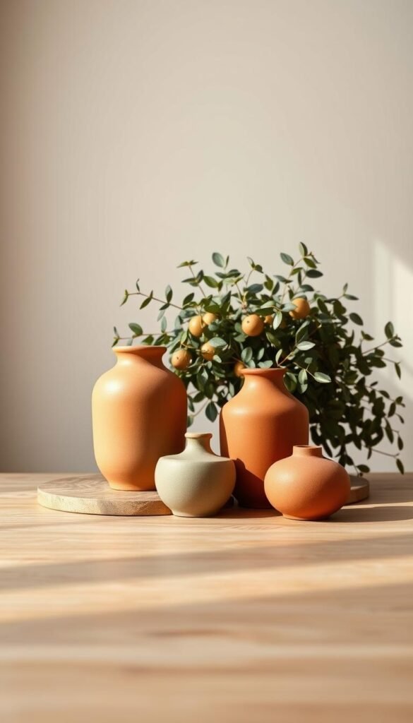 A serene palette of earthy hues, captured in a high-resolution photographic still life. The foreground showcases a harmonious arrangement of ochre, sage, and terracotta ceramic vessels, their matte surfaces reflecting the warm, diffused light. In the middle ground, a lush yet minimalist display of foliage in shades of olive and khaki, with delicate shadows cast across a smooth, natural-toned wooden surface. The background fades into a soft, neutral gradient, creating a calming, meditative atmosphere that evokes the essence of an earth-inspired interior design scheme.