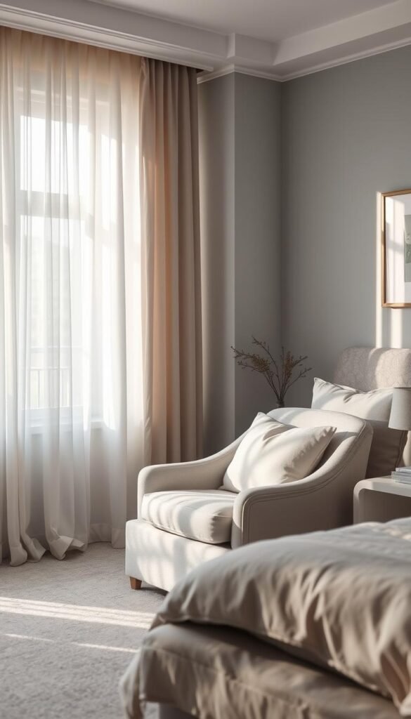 A serene, softly-lit grey bedroom with muted natural light filtering through sheer curtains, creating a calming, introspective atmosphere. A comfortable, oversized armchair sits in the foreground, inviting relaxation and quiet contemplation. Neutral-toned linens and textiles add to the soothing palette, while a minimalist nightstand and tasteful wall decor gently frame the scene. The overall ambiance evokes a sense of psychological well-being, tranquility, and restorative rest.
