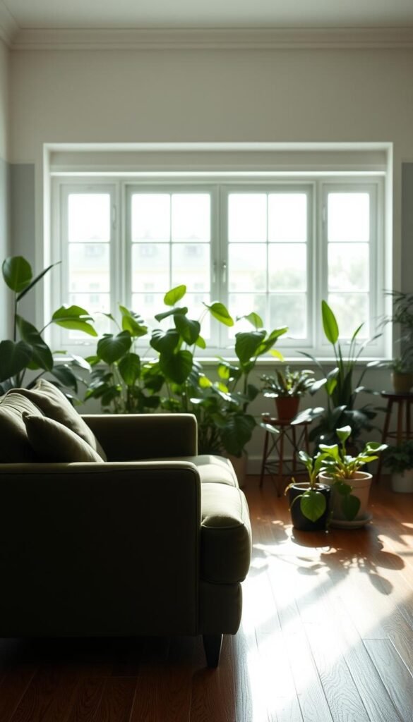 A serene, softly-lit room filled with various shades of sage green. In the foreground, a plush velvet sofa in a deep, earthy green hue. In the middle ground, a collection of potted plants in varying tones of sage, their leaves casting gentle shadows on the warm, wooden floors. In the background, a large window allows natural light to filter in, creating a soothing, atmospheric glow that highlights the subtle nuances of the green tones throughout the space. The overall mood is one of tranquility and understated elegance, inviting the viewer to immerse themselves in the calming ambiance of this serene sage green living room.