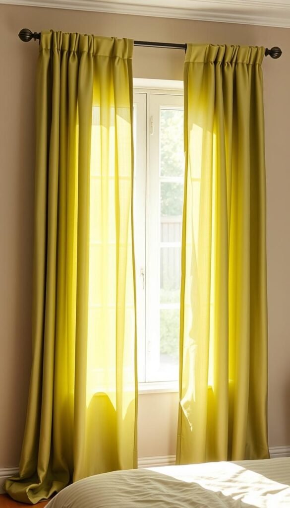 A serene, sun-dappled window frame adorned with lush, flowing sage green curtains that cascade elegantly against a backdrop of soft, muted walls. The fabric has a subtle sheen, gently billowing in a gentle breeze. Warm, natural lighting filters through the sheer panels, casting a soothing, calming ambiance throughout the tranquil bedroom space. The curtains are tailored with crisp pleats, their folds casting delicate shadows that add depth and texture to the scene. An inviting, harmonious composition that perfectly complements the tranquil sage green hues of the surrounding walls.