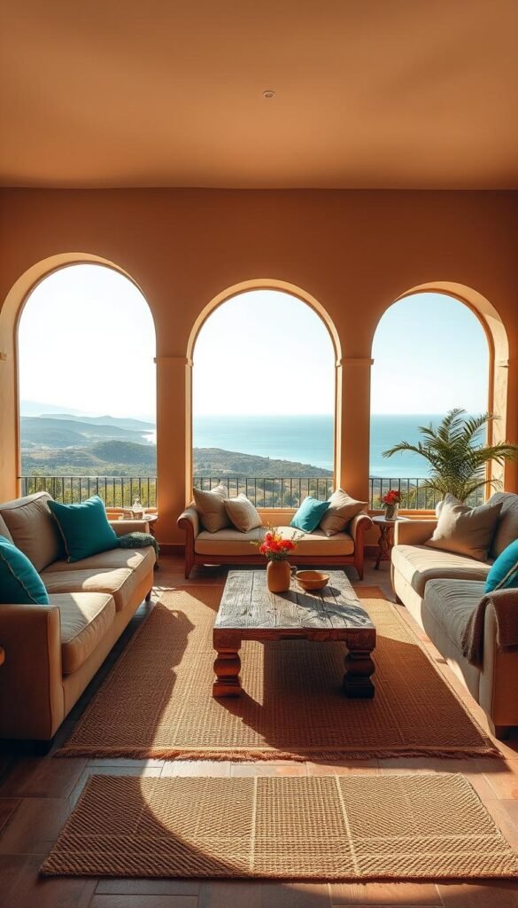 A serene, sun-drenched Mediterranean living room, bathed in a warm, inviting color palette. The foreground features plush, earthy-toned sofas and loveseats, accented with vibrant turquoise and azure blue throw pillows. The middle ground showcases a rustic, weathered wooden coffee table, surrounded by natural fiber rugs in muted terracotta hues. In the background, large, arched windows frame a stunning vista of rolling hills and a distant, azure blue sea, casting a soft, golden glow throughout the space. The overall atmosphere evokes a sense of tranquility, comfort, and timeless Mediterranean charm.