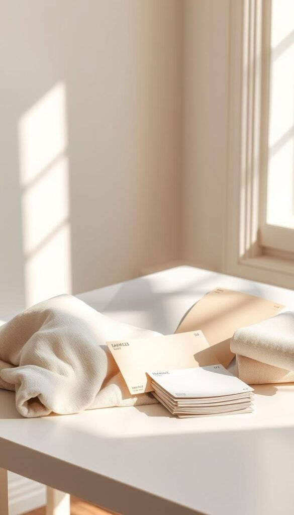 A serene, tranquil arrangement of neutral paint color samples for a boy's bedroom. The palette showcases a harmonious blend of soft grays, muted tones of beige, and delicate whites, creating a timeless and flexible foundation. The samples are displayed on a clean, minimalist table, bathed in warm, natural lighting that enhances the calming ambiance. The overall composition exudes a sense of simplicity, practicality, and enduring style, perfect for a boy's room that can grow with him over the years.