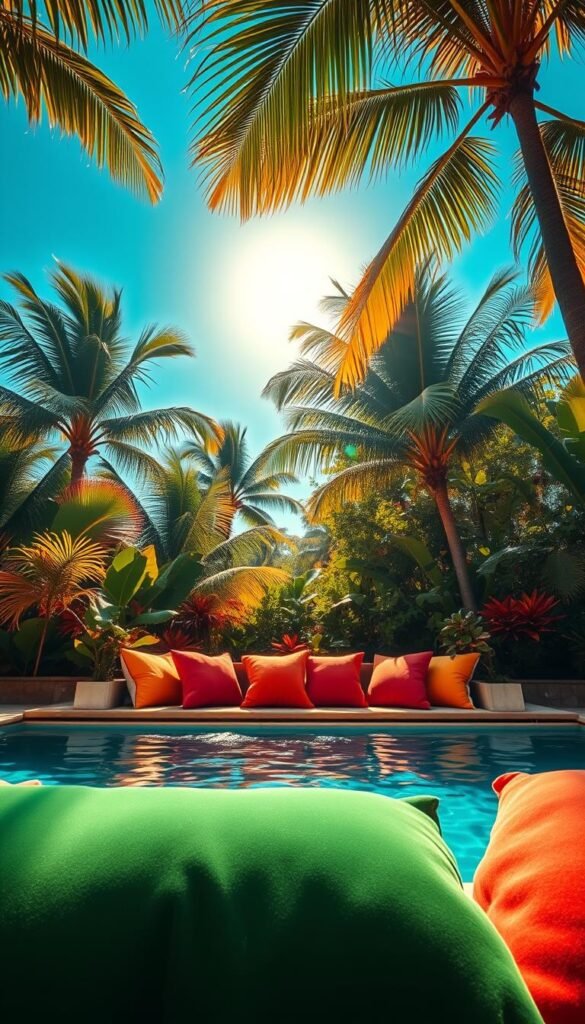 A serene tropical oasis with vibrant, saturated hues. A lush, verdant background of towering palm fronds and exotic foliage, bathed in warm, golden sunlight. In the foreground, a tranquil pool reflects the brilliant azure sky above. Plush, richly-textured cushions in shades of coral, ochre, and emerald invite you to sink into a state of relaxation. The overall mood is one of soothing harmony, where the natural world's vivid palette creates a calming, restorative atmosphere. Captured with a wide-angle lens to convey a sense of depth and immersion, this image embodies the essence of a serene, resort-inspired tropical living room.
