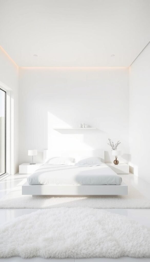 A serene, ultra-modern minimalist white bedroom design with clean lines and a refined, elegant aesthetic. The spacious room is flooded with soft, natural light through large, floor-to-ceiling windows, creating a bright and airy atmosphere. The focal point is a sleek, minimalist platform bed with crisp white linens, flanked by a pair of minimalist nightstands. The sparse decor includes a floating shelf displaying a few carefully curated objects. The walls are painted in a pure, pristine white, complemented by a plush white area rug. Indirect lighting is seamlessly integrated, adding a warm, inviting glow. The overall mood is one of tranquility, simplicity, and understated sophistication.