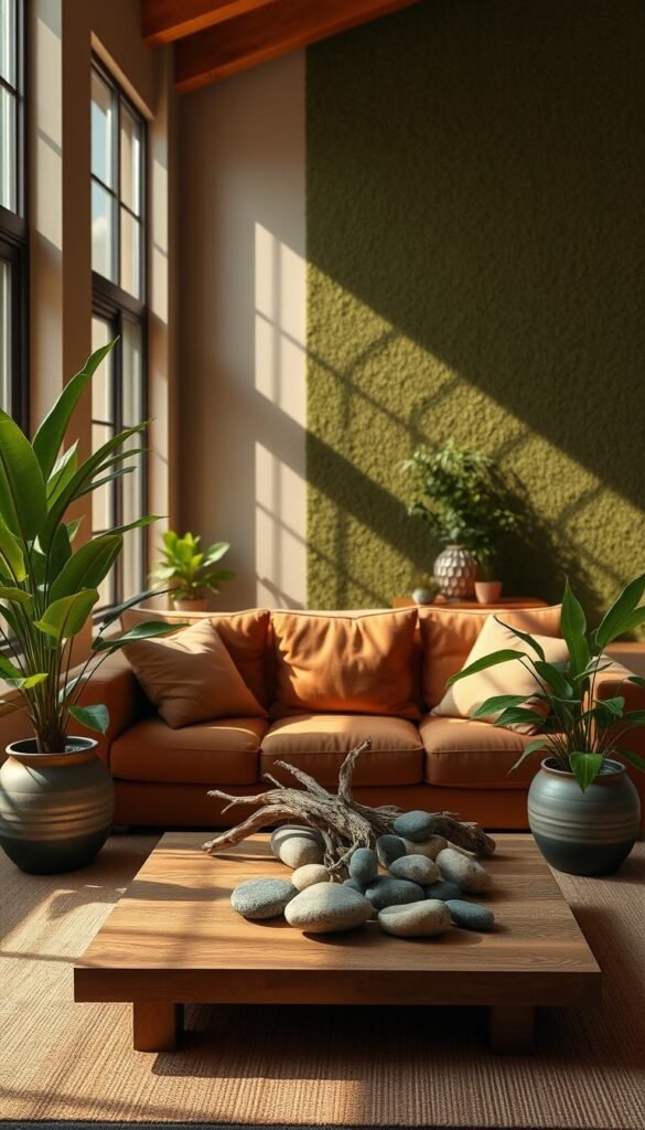 A serene, well-lit interior space with a harmonious palette of warm brown and earthy green hues. A large, plush sofa in a rich camel tone anchors the foreground, complemented by lush, verdant plants in ceramic pots. Filtered sunlight streams through large windows, casting a soft, natural glow across the room. The middle ground features a wooden coffee table adorned with natural elements like driftwood and river stones, creating a grounding, organic feel. The background showcases a feature wall in a muted, mossy green, lending depth and balance to the composition. The overall atmosphere is one of tranquility and a deep connection to the natural world.