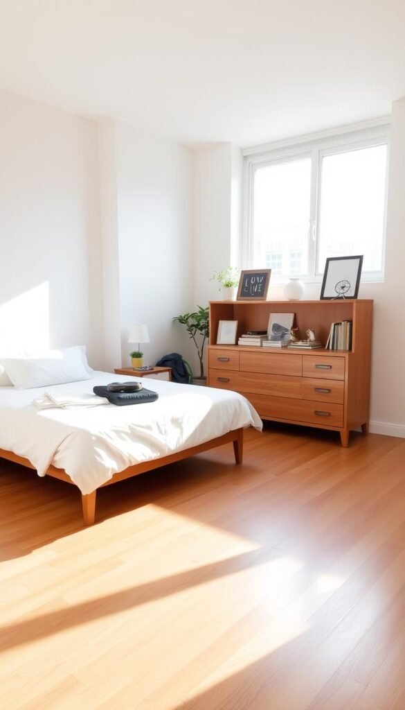 A serene, well-organized bedroom with a clutter-free surface. The bedside table, dresser, and nightstands are neatly arranged, displaying only essential items like a lamp, a potted plant, and a few decorative accents. The hardwood floor is clear of any loose items, creating a sense of openness and tranquility. Soft, natural lighting filters in through the large window, illuminating the clean, minimalist aesthetic. The overall mood is one of calm and relaxation, perfectly suited for a small but thoughtfully designed living space. A serene, well-organized bedroom with a clutter-free surface. The bedside table, dresser, and nightstands are neatly arranged, displaying only essential items like a lamp, a potted plant, and a few decorative accents. The hardwood floor is clear of any loose items, creating a sense of openness and tranquility. Soft, natural lighting filters in through the large window, illuminating the clean, minimalist aesthetic. The overall mood is one of calm and relaxation, perfectly suited for a small but thoughtfully designed living space.