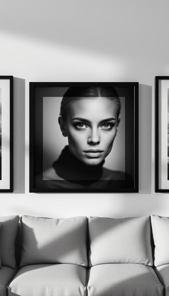 A single subject gallery wall, showcasing a striking black and white portrait photograph. The subject's gaze is direct and captivating, captured in sharp focus with a shallow depth of field that isolates them against a soft, blurred background. The frame is a modern, minimalist design in a sleek, matte black finish, complementing the monochrome aesthetic. Soft, directional lighting casts dramatic shadows, adding depth and drama to the composition. The gallery wall is arranged in a clean, symmetrical layout, with the portrait centrally positioned to command attention. The overall mood is one of refined sophistication and contemporary elegance, creating a striking focal point in the living space.