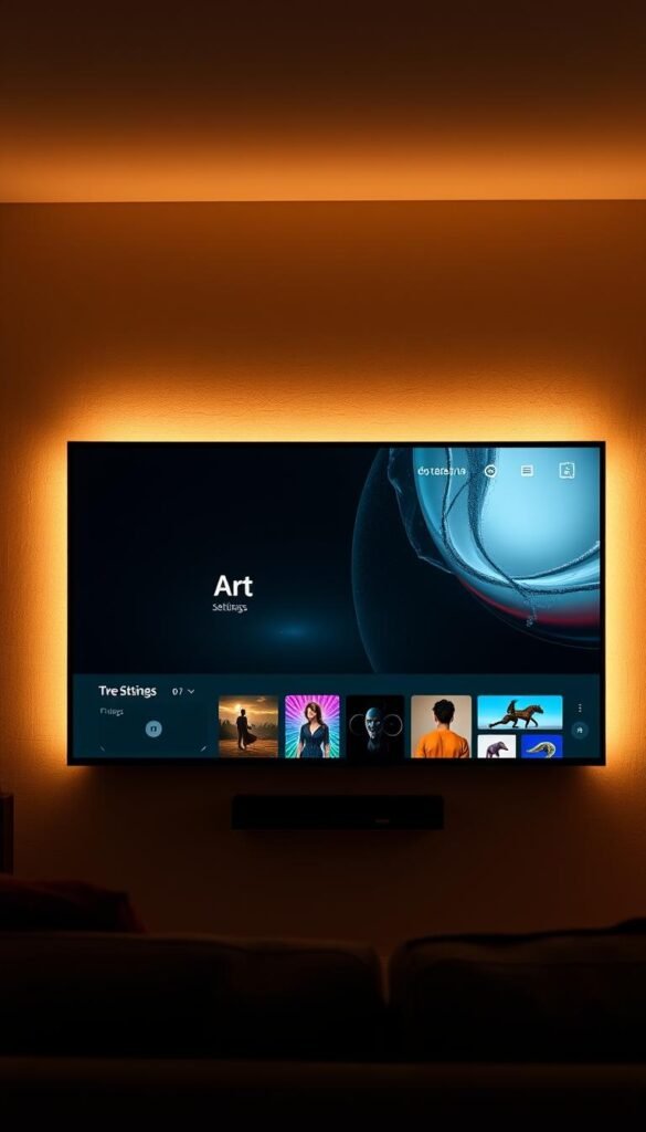 A sleek and modern Amazon Fire TV display showcasing customizable art settings. The screen is surrounded by a minimalist, floating frame against a warm, textured wall in a cozy, dimly lit living room. Ambient lighting illuminates the display, creating a serene and inviting atmosphere. The user interface features a clean, intuitive design with various art styles and settings options. The image conveys the ease of transforming a practical TV into an elegant, personalized art piece that seamlessly blends into the home decor.