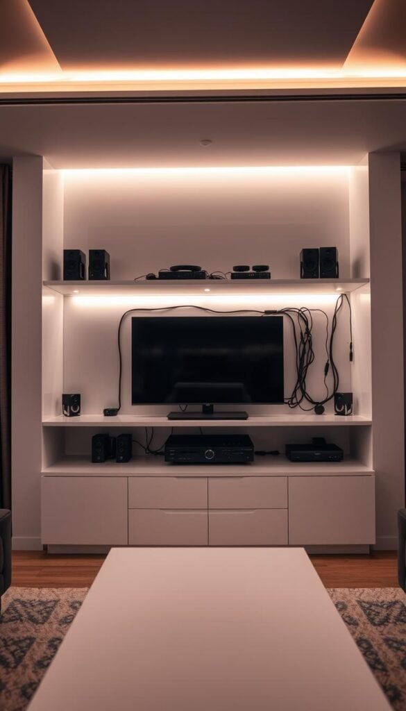 A sleek and modern entertainment center, its wires expertly concealed and organized. The front view showcases a clean, minimalist design, with hidden cable management trays and channels running along the back and sides, keeping cords and cables neatly out of sight. Soft, ambient lighting illuminates the setup, creating a warm and inviting atmosphere. The composition emphasizes the attention to detail and the seamless integration of technology into the living space, captured in a wide, high-angle shot that highlights the entire entertainment center and its immaculate wire management.