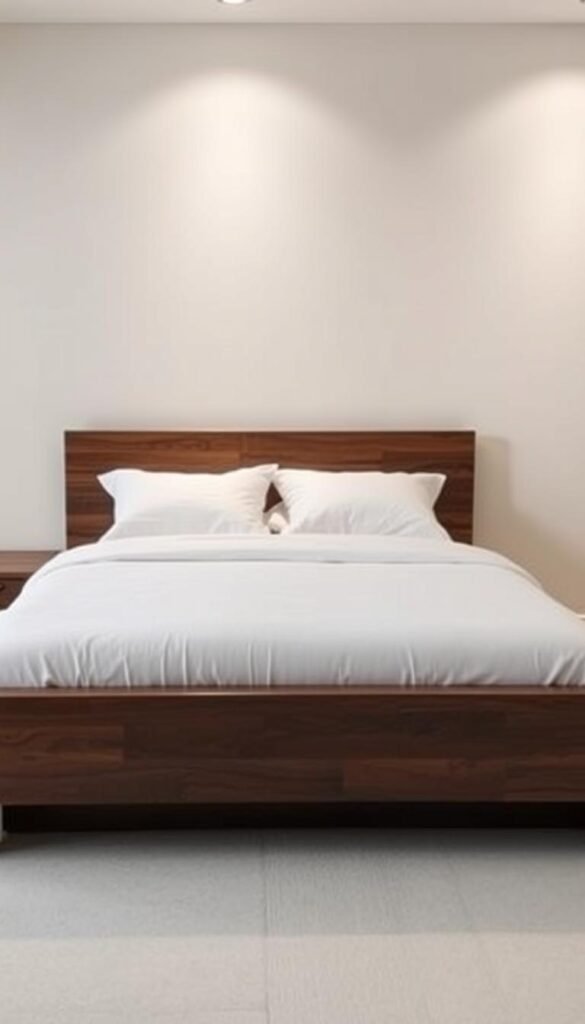 A sleek and modern platform bed frame in a contemporary bedroom setting. The frame is made of dark-stained wood, with clean lines and a low profile. The mattress is topped with crisp white bedding, creating a minimalist and inviting look. The room is bathed in soft, even lighting, enhancing the smooth surfaces and creating a serene atmosphere. The bed is placed against a neutral-toned wall, allowing the frame to be the focal point. The overall aesthetic is refined, uncluttered, and designed to promote a sense of calm and relaxation.