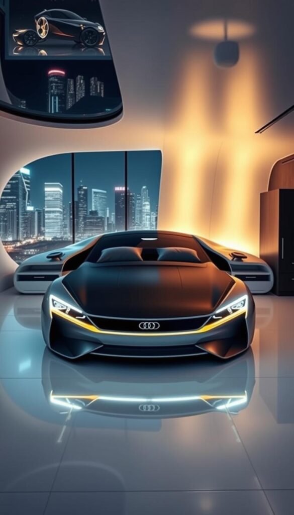 A sleek, futuristic car-shaped bedroom set featuring a bed with a headboard styled like the front end of a sports car, complete with headlights and a grille. The nightstands are designed as the side panels, and the dresser mimics the car's curves and contours. Soft LED lighting illuminates the interior, creating a cozy, high-tech ambiance. A large, panoramic window in the background offers a view of a city skyline at night, with skyscrapers and neon signs. The overall aesthetic blends the excitement of automotive design with the comfort of a personal living space, resulting in a truly unique and captivating bedroom environment.