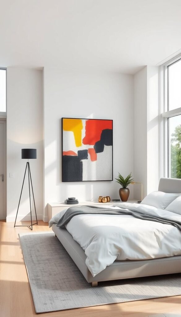A sleek, minimalist bedroom with a focus on modern art decor. The room is flooded with natural light from large windows, creating a bright and airy atmosphere. A striking abstract painting in bold colors takes center stage, complemented by a geometric floor lamp and a modern platform bed with clean lines. Pops of greenery and metallic accents add texture and depth, while the neutral palette of whites, grays, and blacks maintains a cohesive, sophisticated look. The overall vibe is one of calm, serene elegance, perfect for an art-loving individual seeking a fresh, contemporary space.