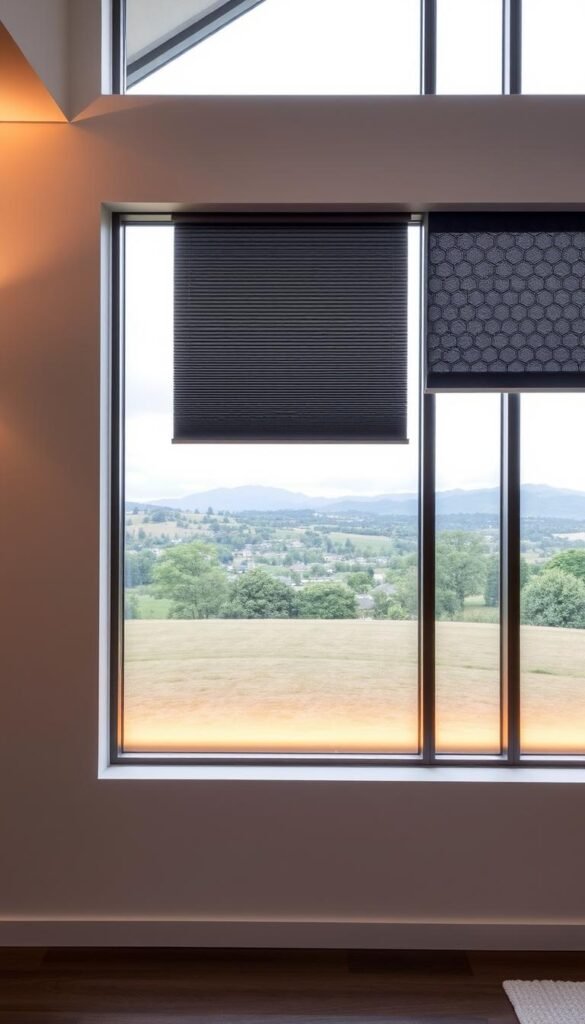 A sleek, minimalist modern interior with large windows overlooking a scenic outdoor landscape. In the foreground, a selection of innovative window shade options are displayed, including a motorized roller shade, a pleated cellular shade, and a unique geometric-patterned blackout blind. The middle ground showcases a streamlined track system for the shades, allowing for seamless integration and effortless operation. The background features warm, indirect lighting that accentuates the clean lines and neutral color palette of the space. The overall mood is one of sophisticated, high-end design that harmoniously blends functionality and aesthetic appeal.