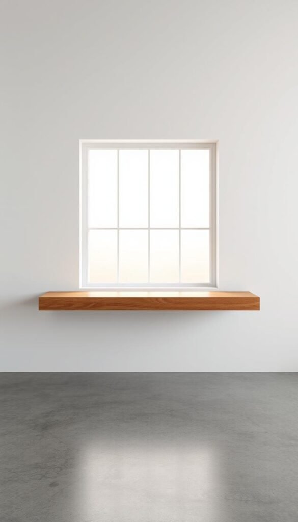 A sleek, minimalist shelf visualization tool set against a bright, modern interior. In the foreground, a floating wooden shelf with smooth, clean lines hovers above a polished concrete floor. Crisp shadows and highlights define the shape and texture. In the middle ground, a large window floods the scene with soft, diffused natural light, casting a warm glow. In the background, a pale gray wall provides a simple, uncluttered backdrop, allowing the shelf to take center stage. The overall mood is one of understated elegance and precision, inviting the viewer to imagine how this versatile shelving solution could elevate their own living space.