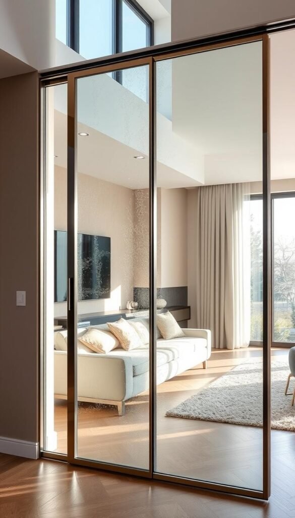A sleek, modern contemporary sliding door partition, crafted with a minimalist steel frame and tempered glass panels. The partition is situated in a luxurious living room, bathed in warm, natural lighting from large windows. The partition seamlessly divides the space, creating a flexible and open layout. Subtle textures on the glass panels add visual interest, while the polished metal frame exudes a high-end, sophisticated aesthetic. The partition's smooth, effortless sliding motion allows for easy adjustability, making it the perfect centerpiece for a flexible, luxury living room design.