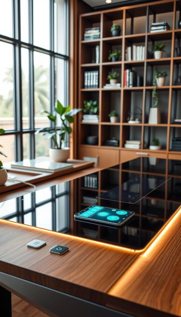 A sleek, modern desk with integrated smart technology. The tabletop features a smooth, high-gloss surface with embedded touch controls, wireless charging pads, and seamlessly integrated USB ports. Subtle LED lighting illuminates the workspace, creating a warm, focused ambiance. In the background, a modular shelving system displays books, plants, and tech accessories, complementing the desk's clean, minimalist design. Warm wood tones and brushed metal accents add depth and texture, while large windows flood the space with natural light, creating an inviting and productive environment.