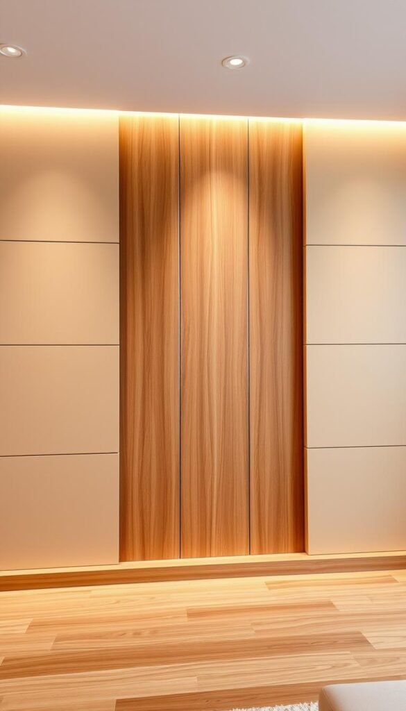 A sleek, modern focal point wall design with a minimalist yet captivating aesthetic. In the foreground, a clean-lined, asymmetrical wall panel arrangement in a warm, earthy tone creates a striking visual centerpiece. The middle ground features a harmonious blend of natural textures, such as wood grain and brushed metal accents, adding depth and visual interest. The background is subtly lit, casting a soft, ambient glow that enhances the overall sense of balance and sophistication. This composition seamlessly blends form and function, creating a visually compelling and harmonious living room wall decor solution.