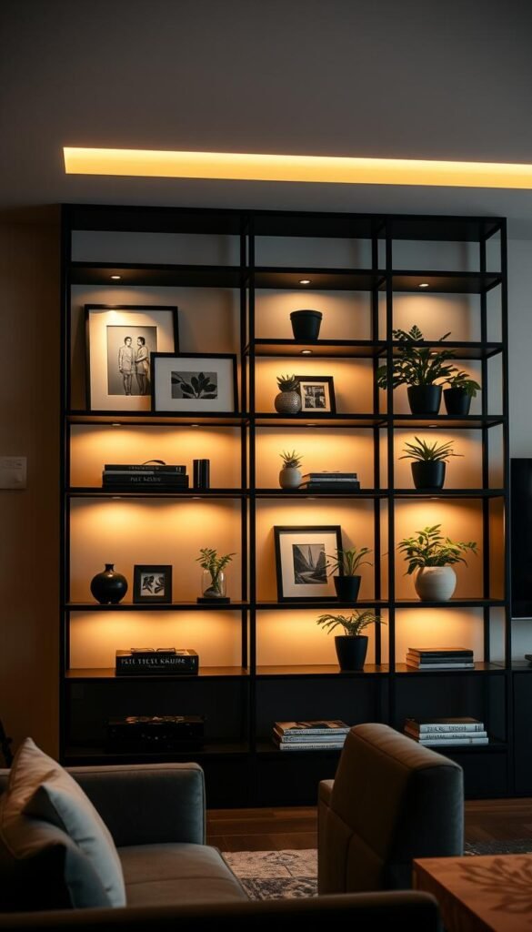 A sleek, modern living room with a stylish, minimalist shelving unit as the focal point. The shelves are adorned with carefully curated objects, including a mix of framed artwork, potted plants, and a few decorative accessories. The lighting is warm and subdued, casting a soft glow over the scene. The camera angle is slightly elevated, capturing the shelves at an angle that emphasizes their clean lines and symmetry. The overall mood is one of sophistication and attention to detail, reflecting the expertise of a professional designer.