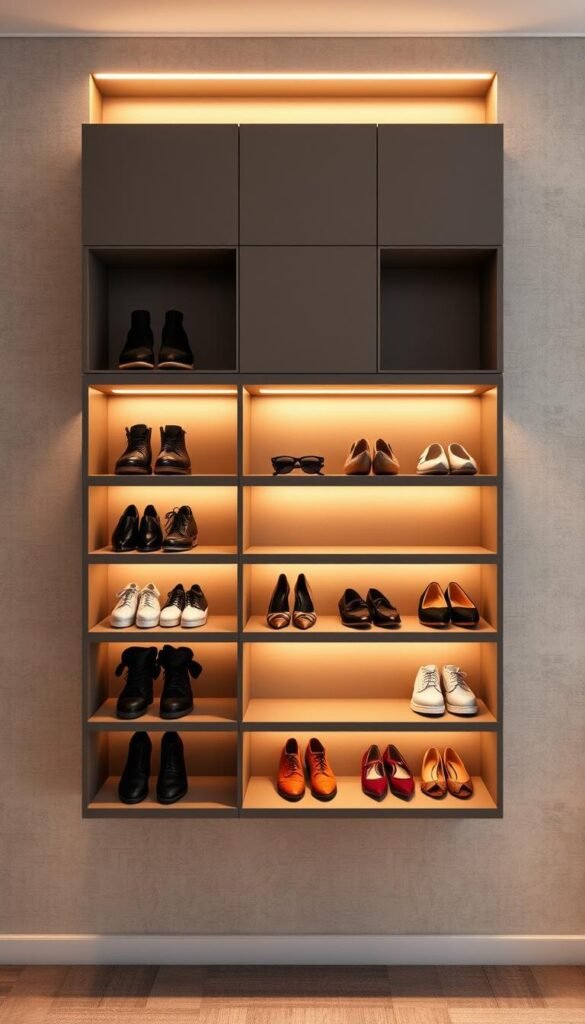 A sleek, modern wall-mounted shoe storage unit with multiple compartments and shelves, illuminated by warm, indirect lighting. The shelves are arranged in a clean, minimalist design, showcasing a variety of stylish shoes. The background features a neutral-toned, textured wall, creating a sophisticated and organized atmosphere. The camera angle captures the storage solution at a slightly elevated perspective, highlighting its practical and visually appealing features.