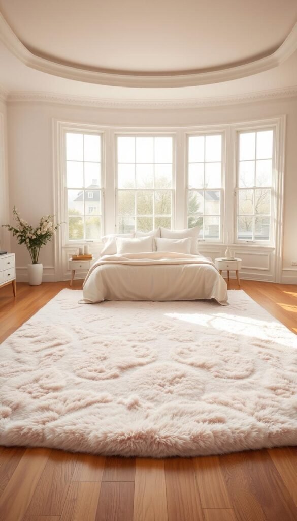 A soft, plush area rug in a pastel pink hue elegantly anchors the center of a spacious, light-filled bedroom. The rug's delicate floral pattern and silky texture create a cozy and feminine atmosphere. Surrounding the rug is a warm-toned, hardwood flooring that extends throughout the room, providing a beautiful contrast and grounding the design. Soft, even lighting from a large window casts a gentle glow, accentuating the refined and tranquil ambiance. The combination of the luxurious rug and the refined flooring establishes a harmonious and sophisticated foundation for the overall bedroom design.