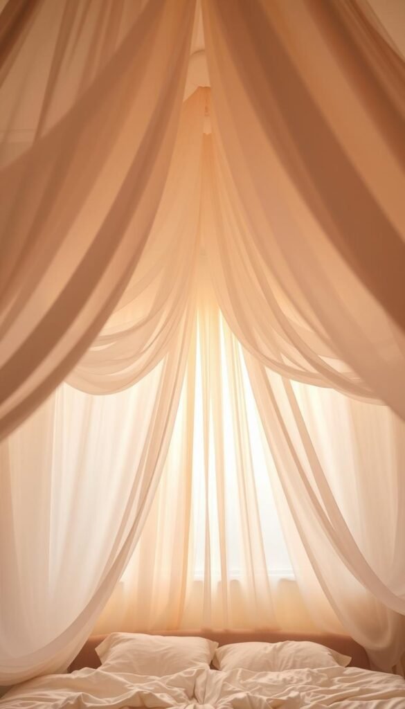 A soft, romantic fabric ceiling hovers over a cozy bedroom. Billowing sheer curtains in muted tones of blush and ivory, gently backlit by warm, diffused lighting, create an intimate, dreamy atmosphere. Delicate folds and textures in the fabric evoke a sense of luxury and comfort, enveloping the space in a cocoon of tranquility. The camera angle captures the scene from a low, angled perspective, highlighting the graceful draping of the fabric and its seamless integration with the architectural elements. The overall composition conveys a sense of serenity, elegance, and a touch of whimsy, perfectly suited for a modern, softly romantic bedroom.