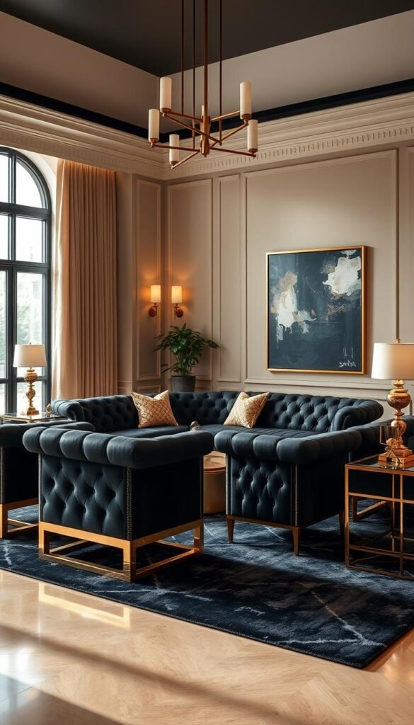 A sophisticated black and gold seating arrangement in a luxurious, well-lit living room. The centerpiece is a plush, deep-tufted sofa with gleaming golden legs, flanked by two matching armchairs. The furniture is arranged in a U-shape, creating an intimate, conversational setting. The room is bathed in warm, soft lighting, emanating from a modern, minimalist chandelier overhead. The floor is covered in a rich, textured rug in shades of black and gold, complemented by gold-framed abstract artwork on the walls. Tasteful gold accents, such as side tables and decorative elements, add a touch of glamour to the space, creating an atmosphere of refined elegance and opulence.