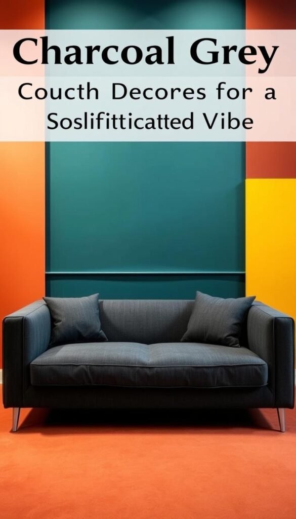 A sophisticated charcoal gray sofa sits elegantly against a backdrop of vibrant, contrasting wall colors. The sofa is captured in a well-lit studio setting, showcasing its plush, modern silhouette. The camera angle is slightly elevated, creating a sense of depth and emphasizing the interplay between the sofa and the surrounding walls. The walls feature a range of colors, from a deep, moody teal to a bright, cheerful yellow, and a rich, earthy terracotta - all carefully chosen to complement the timeless appeal of the charcoal gray upholstery. The overall atmosphere exudes a sense of refined, yet approachable elegance, perfectly suited for the "Charcoal Grey Couch Decor Ideas for a Sophisticated Vibe" article.