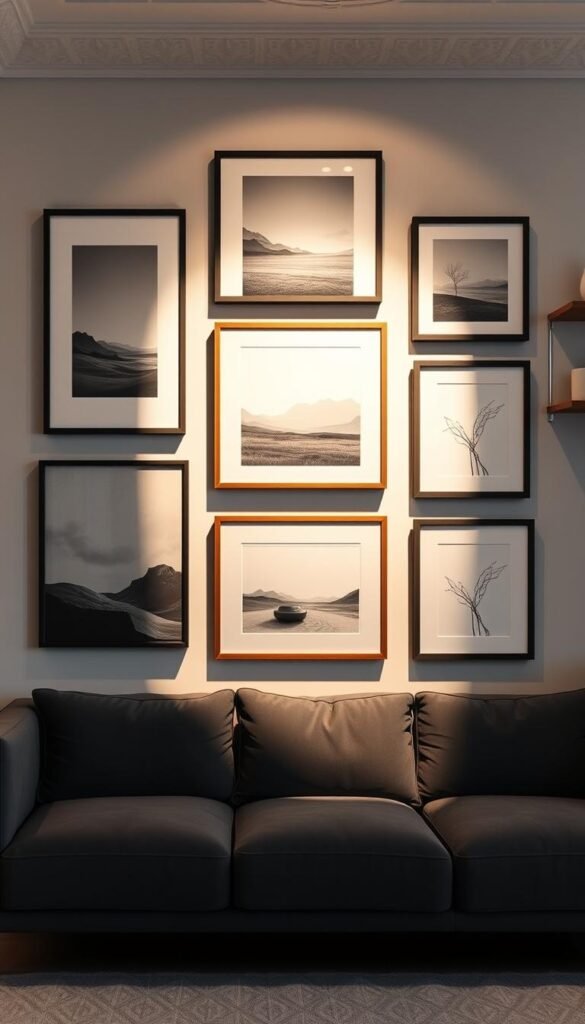 A sophisticated gallery wall above a charcoal gray sofa, bathed in warm, diffused lighting. The wall features a harmonious arrangement of framed paintings, prints, and photographs in various sizes and styles - minimalist abstracts, moody landscapes, and elegant line drawings. The frames are a mix of matte black, natural wood, and gilded accents, complementing the cool tones of the sofa. Subtle shadows cast by the frames add depth and dimension to the composition. The sofa itself is plush and inviting, its clean lines and neutral hue providing the perfect canvas for the captivating artwork above.