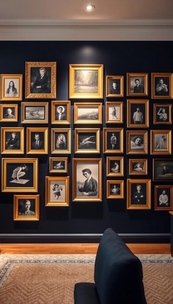 A sophisticated gallery wall with an array of gold frames adorning navy blue matting, casting a warm, inviting glow across the space. The frames are arranged in a cohesive, asymmetrical pattern, creating visual interest and depth. Soft, diffused lighting from above illuminates the artwork, highlighting the rich textures and tones. The overall atmosphere exudes a sense of elegance and refinement, perfectly complementing the navy blue and gold color palette of the living room.
