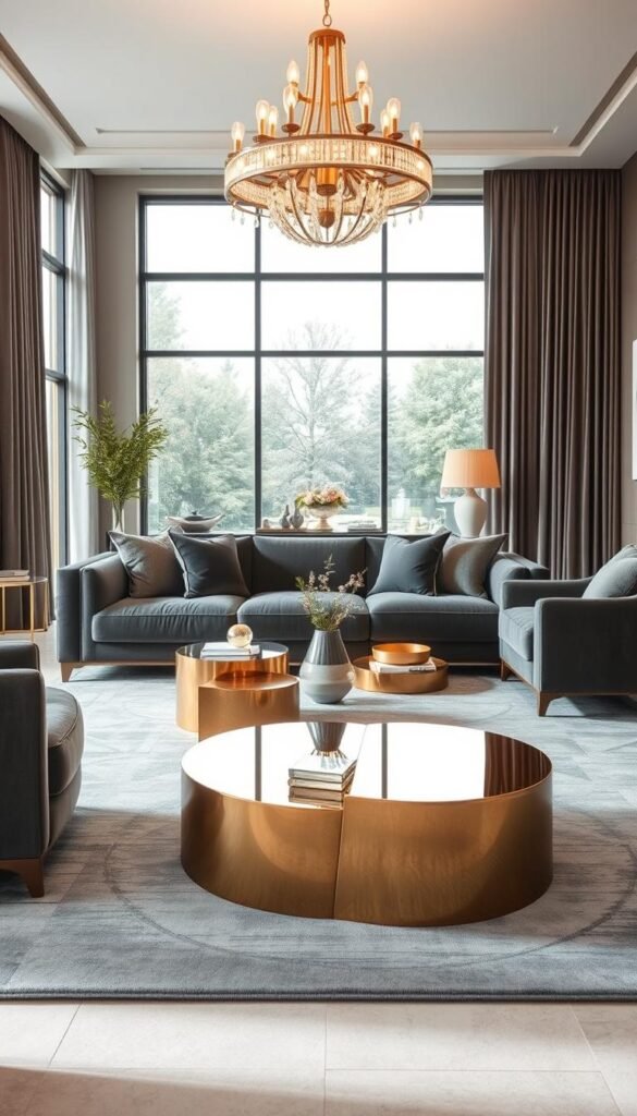 A sophisticated living room setting showcasing a textural contrast between cool gray tones and warm golden accents. In the foreground, a plush velvet sofa in a muted slate gray hue, its soft, inviting surface complemented by sleek metallic coffee tables with a high-shine golden finish. The middle ground features a large area rug in a subtle geometric pattern, its monochromatic palette blending seamlessly with the surrounding decor. Overhead, a modern chandelier casts a gentle, flattering glow, highlighting the interplay of matte and glossy surfaces. In the background, floor-to-ceiling windows allow natural light to flood the space, creating a sense of airiness and sophistication. The overall atmosphere exudes a luxurious, yet calming ambiance.