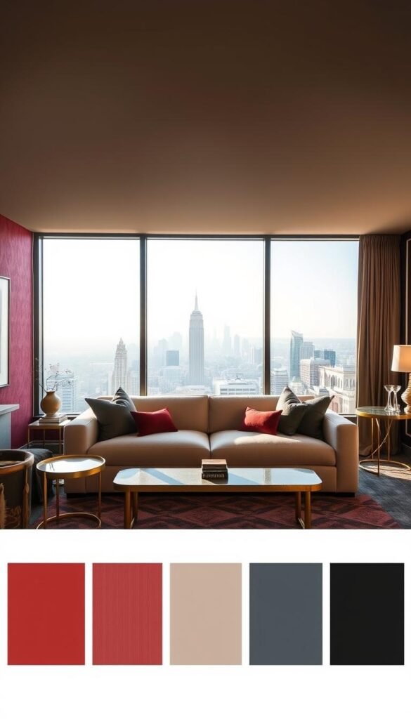 A sophisticated penthouse color palette, with a refined blend of warm and cool hues. The foreground features a rich, velvety burgundy accent wall, complemented by elegant charcoal grey furnishings. The middle ground showcases a luminous, cream-colored sofa, framed by mid-century modern side tables in a burnished brass finish. In the background, large windows flood the space with natural light, casting a soft, golden glow and revealing a panoramic city skyline. The overall atmosphere exudes a sense of luxurious tranquility, perfect for a penthouse living room designed to inspire and captivate.