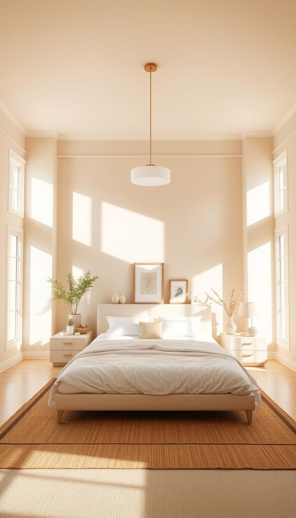 A spacious, airy bedroom with a neutral color palette. The walls are painted in a soft, elegant beige tone, creating a warm and inviting ambiance. Sunlight streams in through large windows, casting a gentle glow over the room. In the center, a plush, cream-colored bed with crisp white linens takes center stage, complemented by minimalist nightstands and a simple, yet stylish lighting fixture overhead. The floor is covered in a natural, woven area rug, adding texture and depth to the space. Subtle, decorative accents such as potted plants and a few framed art pieces add visual interest without overwhelming the serene atmosphere. The overall impression is one of refined sophistication and timeless sophistication.