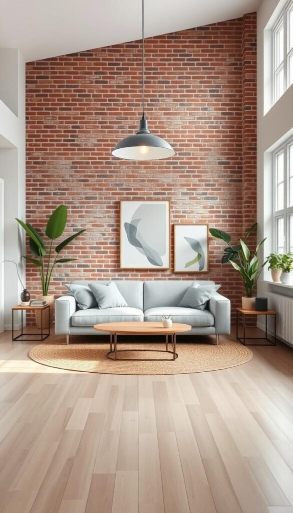 A spacious and airy Scandi-modern fusion living room. Soft, neutral tones create a calming ambiance, with light wood floors and an exposed brick accent wall. A mid-century modern sofa in soft gray sits atop a woven area rug, flanked by sleek minimalist side tables. Overhead, a statement pendant light casts a warm glow, while large windows allow natural light to flood the space. Potted plants and modern abstract art pieces add pops of greenery and visual interest. The room strikes a harmonious balance between the clean lines of Scandinavian design and the industrial-chic elements of modern style. A spacious and airy Scandi-modern fusion living room. Soft, neutral tones create a calming ambiance, with light wood floors and an exposed brick accent wall. A mid-century modern sofa in soft gray sits atop a woven area rug, flanked by sleek minimalist side tables. Overhead, a statement pendant light casts a warm glow, while large windows allow natural light to flood the space. Potted plants and modern abstract art pieces add pops of greenery and visual interest. The room strikes a harmonious balance between the clean lines of Scandinavian design and the industrial-chic elements of modern style.
