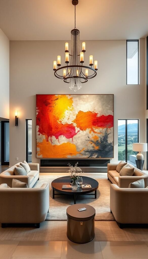 A spacious and elegant living room with a grand, oversized abstract painting dominating the main wall. The artwork features bold, vibrant brushstrokes in a harmonious palette, commanding attention and setting the tone for the room. Soft, warm lighting from wall sconces and a large, central chandelier create a cozy, inviting ambiance, casting a gentle glow on the painting's textured surface. The room is furnished with plush, contemporary sofas and armchairs in neutral tones, complementing the artwork's striking colors. Large windows offer a panoramic view of a scenic outdoor landscape, seamlessly blending the indoor and outdoor spaces. The overall atmosphere is one of sophistication, creativity, and a touch of grandeur, perfectly showcasing the power of oversized artwork to transform a living room.