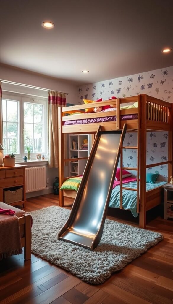 A spacious and inviting children's bedroom, featuring a solid wood bunk bed with a gleaming metal slide cascading down from the upper level. The bed is adorned with vibrant bedding in playful colors, while plush toys and throw pillows add a cozy touch. Warm, diffused lighting from a large window floods the space, casting a soft glow and creating an atmosphere of comfort and adventure. The bunk bed is positioned against a feature wall with whimsical wallpaper, hinting at the boundless imagination of its young occupants. Hardwood flooring and a plush area rug complete the harmonious, family-friendly setting, perfect for sleepovers and shared exploration.