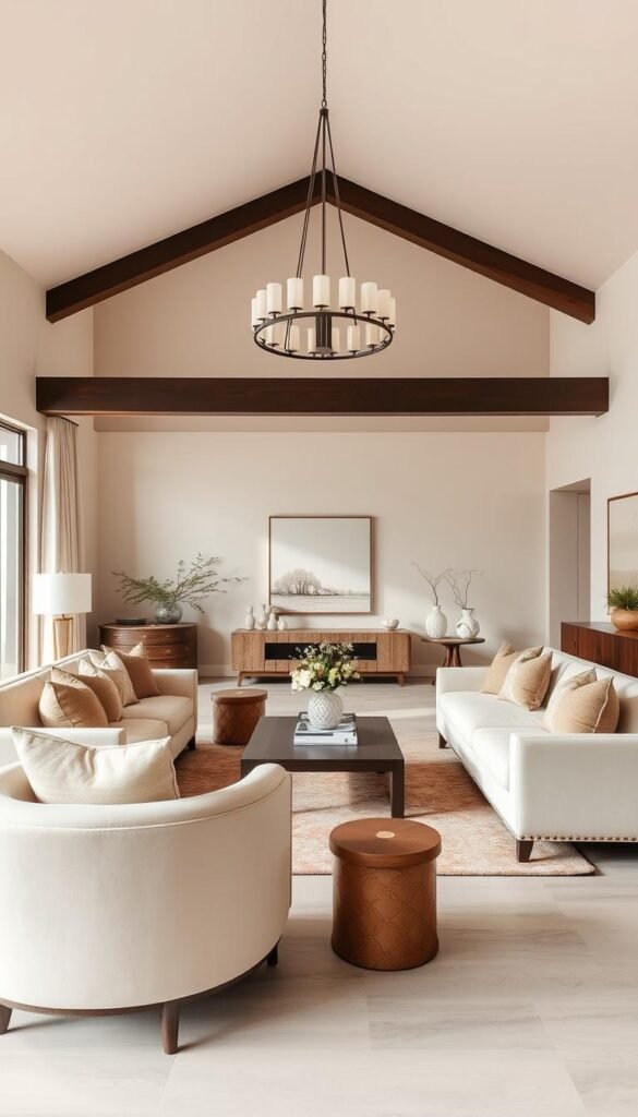 A spacious and inviting neutral-toned living room with elegant, timeless furnishings. Soft, natural light filters through large windows, creating a warm and serene ambiance. Plush cream-colored sofas and armchairs are accented by rich, textured fabrics in muted hues. A neutral-toned, patterned rug grounds the space, complemented by a sleek, wooden coffee table. Subtle, neutral-toned artwork adorns the walls, while a statement light fixture casts a gentle glow overhead. The overall atmosphere exudes a sense of refined sophistication and timeless beauty.