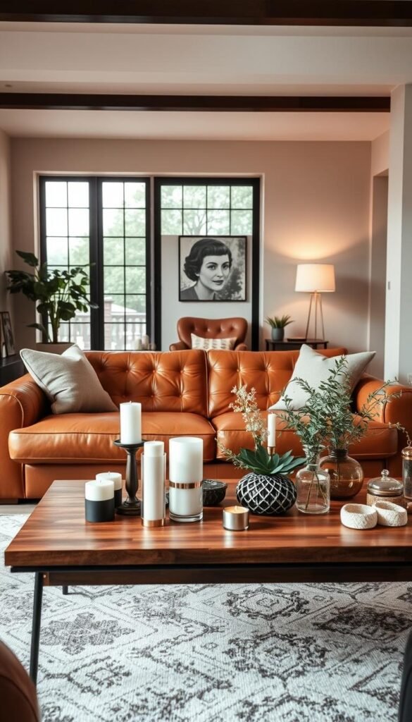 A spacious and well-lit living room with a focus on a cognac leather couch. In the foreground, a variety of decor elements are displayed on a wooden coffee table, including candles, plants, and decorative objects. The middle ground features a cozy armchair and a side table with a lamp, creating a cohesive seating area. The background showcases a neutral-toned wall with a large window, allowing natural light to flood the space. The overall mood is warm, inviting, and reflective of a sophisticated and modern design aesthetic.