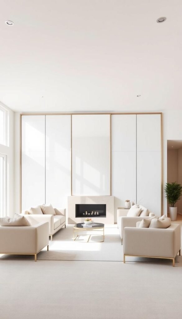 A spacious, bright living room with a central statement mirror. The mirror is large, rectangular, and features a sleek, modern frame in a metallic finish. It is positioned prominently on the main wall, reflecting the natural light flooding in through the large windows. The room is furnished with comfortable, minimalist sofas and armchairs in neutral tones, creating a cohesive, calming atmosphere. The mirror adds depth and dimension to the space, visually expanding the room and amplifying the sense of openness. The overall mood is one of sophistication and tranquility, with the mirror serving as a focal point that effortlessly blends function and aesthetics.
