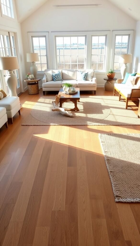 A spacious coastal living room with sunlit hardwood floors, showcasing a variety of natural fiber rugs and textured coastal-themed accents. The floor is a warm-toned, wide-plank oak with a subtle distressed finish, complemented by a braided jute rug in the center and a plush, neutral-toned sisal rug framing the seating area. Coastal accessories, such as driftwood-inspired lamps and a driftwood coffee table, create a serene, beachy ambiance. Large windows flood the room with soft, natural lighting, casting gentle shadows and highlighting the natural textures. The overall aesthetic evokes a relaxed, sun-drenched coastal living experience. A spacious coastal living room with sunlit hardwood floors, showcasing a variety of natural fiber rugs and textured coastal-themed accents. The floor is a warm-toned, wide-plank oak with a subtle distressed finish, complemented by a braided jute rug in the center and a plush, neutral-toned sisal rug framing the seating area. Coastal accessories, such as driftwood-inspired lamps and a driftwood coffee table, create a serene, beachy ambiance. Large windows flood the room with soft, natural lighting, casting gentle shadows and highlighting the natural textures. The overall aesthetic evokes a relaxed, sun-drenched coastal living experience.