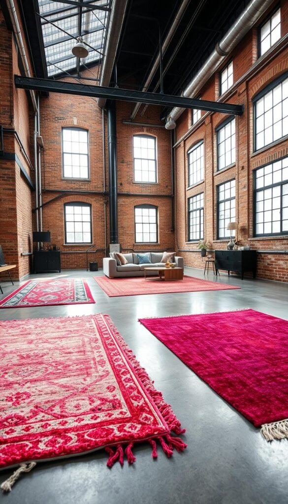 A spacious industrial loft interior with high ceilings, exposed brick walls, and polished concrete floors. In the foreground, a collection of vibrant, textured area rugs in various sizes and patterns add warmth and definition to the space. The rugs are arranged in a cohesive, visually striking layout, anchoring the living area and drawing the eye. Soft, diffused lighting from large windows and strategically placed fixtures creates a cozy, inviting atmosphere. The middle ground features minimal, modern furniture in muted tones, complementing the industrial aesthetic. In the background, glimpses of the loft's architectural details, such as metal beams and pipes, add to the urban, chic ambiance.